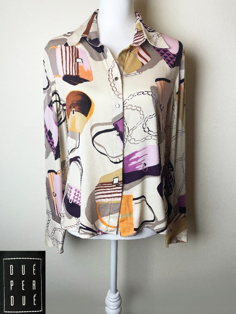 Vintage Silk Blend Due Per Due Quiet Luxury Graphic Purse Print Blouse - Size 6